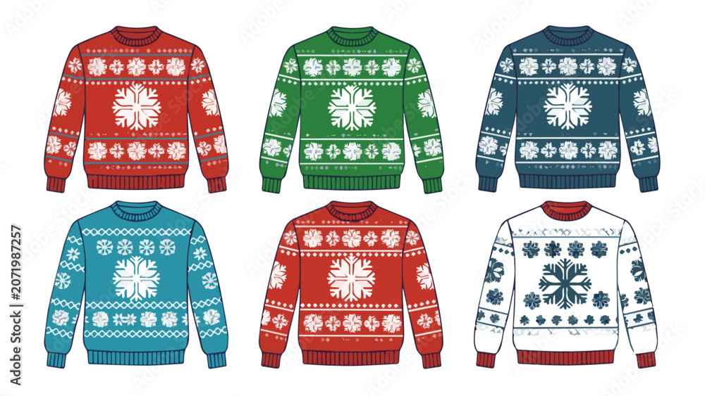 Fototapeta premium Festive Christmas Sweaters with Snowflake and Reindeer Patterns.