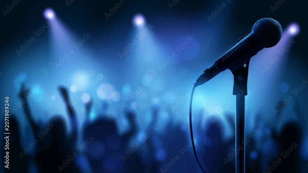 Obraz premium A microphone with blurred people silhouettes stand with raised hands, orange spotlight on the stage, concert atmosphere, dramatic lighting, silhouettes, music event poster design, entertainment