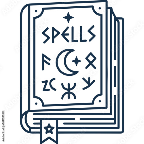 Photos Ancient spellbook cover with runic text and bookmarks.
