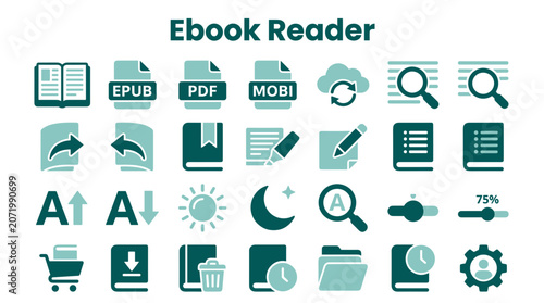 Tableau sur toile Ebook reader interface icons collection for digital library application design a