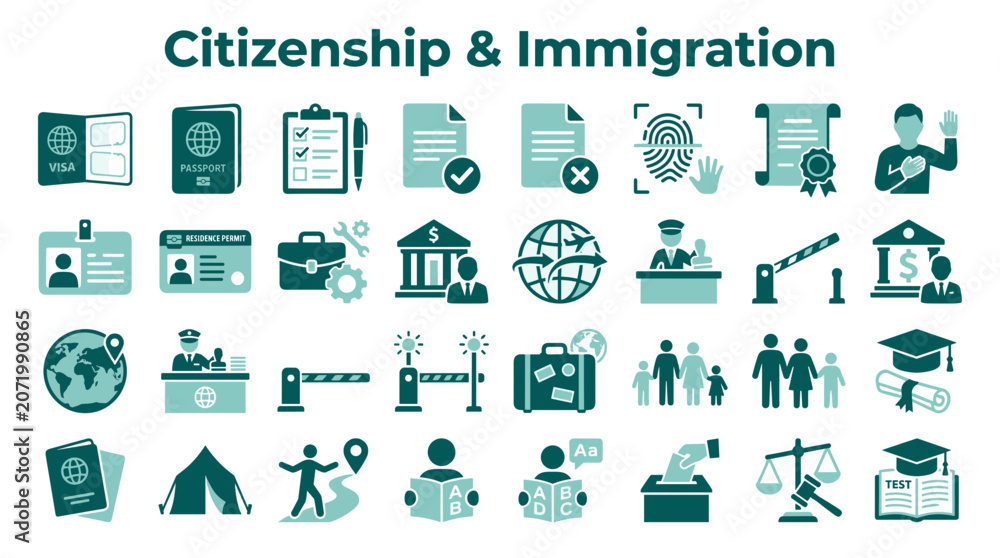 Fototapeta premium Citizenship and Immigration Icons Representing Legal Process Passport Visa Fingerprint Family Travel and Education Concepts