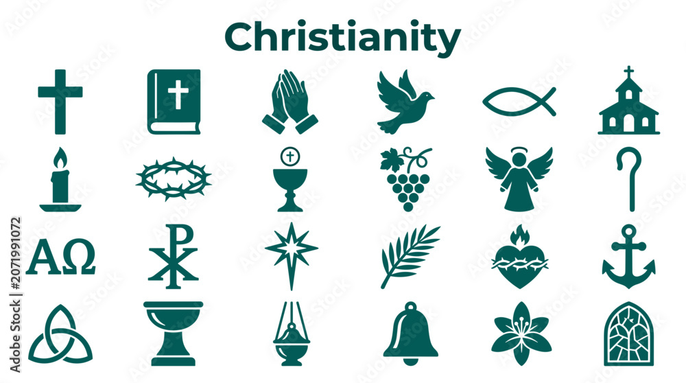 Naklejka premium Christianity symbols collection with cross bible dove fish angel church and other religious icons representing faith worship and spirituality