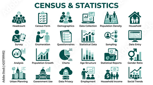 Slika na platnu Census and statistics icons collection representing data analysis, demographics,