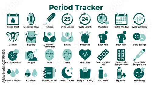 Photos Period Tracker Icons Set for Women Health Tracking Menstrual Cycle Ovulation Fer