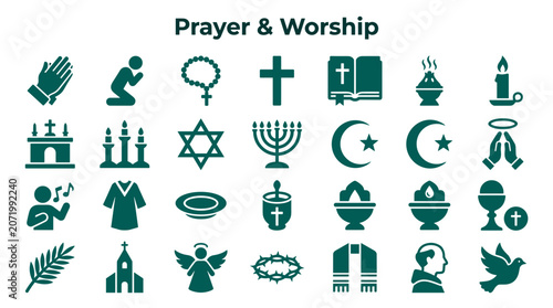 Fotografie Collection of religious symbols and icons representing prayer worship and divers