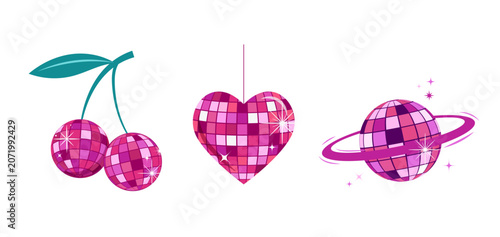 Purple shiny disco balls shaped like cherries, heart and ringed planet. Retro nightclub and dance party vector illustration.