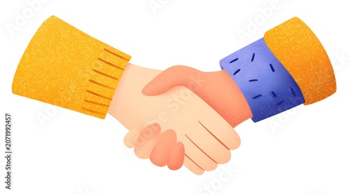 A professional handshake between two people signifies a successful business partnership. This flat illustration highlights diversity, equality, and unity. Perfect for corporate deals: