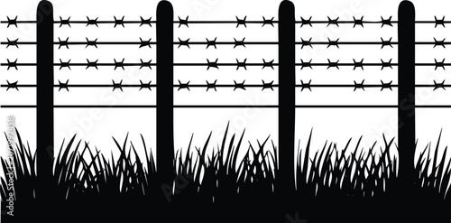 Tableau sur toile Barbed wire fence with grass in stark engraving style against white background
