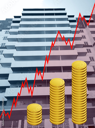 Market graph on residential building background. Real estate. Rising prices for purchase, sale and rental of flat. Housing. Investment trusts REITs. Construction industry. Inflation. golden coins