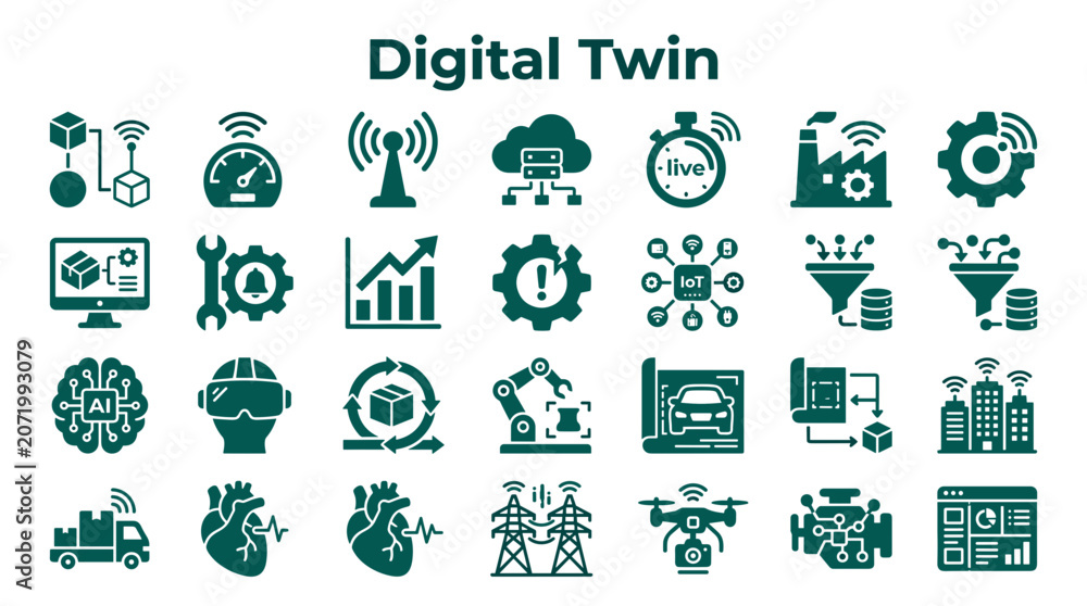 Fototapeta premium Digital Twin Technology Icons Representing Smart Industry Innovation and Futuristic Concepts