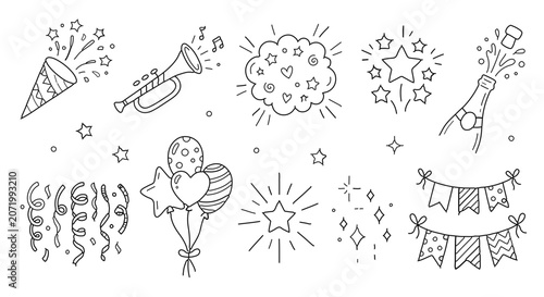 hand draw line art Festive Confetti and Party Horn Doodle Collection