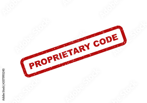 Red grunge rubber stamp with the text proprietary code on a label