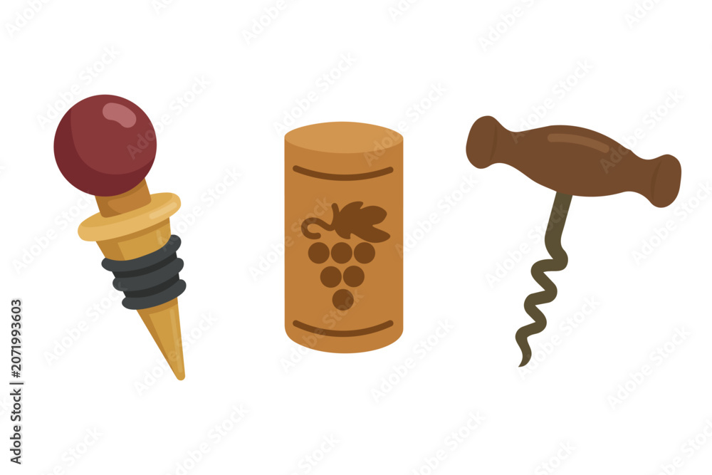 Fototapeta premium Flat vector illustration set with wine stopper, cork and corkscrew, isolated on white background.