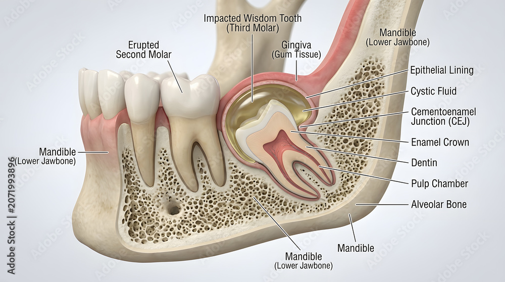 Fototapeta premium Impacted wisdom tooth with cystic fluid accumulation