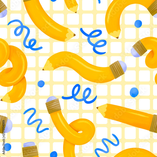 Εκτύπωση καμβά Hand drawn bendy pencils with blue confetti on grid background seamless pattern
