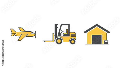 Trio of logistics icons featuring a cargo plane, a forklift vehicle, and a warehouse building in a clean and minimal graphic design style.