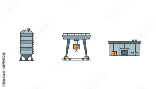 Collection of industrial icons including a large silo, a gantry crane for heavy lifting, and a manufacturing factory building facility.