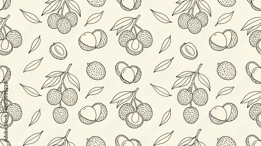 Fototapeta premium Minimalist Exotic Tropical Lychee Fruit Illustration Featuring Clean Monoline Vector Line Art Design Isolated on White Background for Modern Graphic Branding Aesthetics