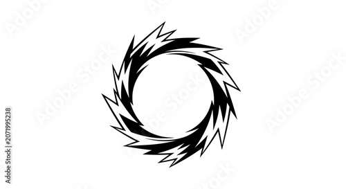 Abstract jagged spiky circle graphic design element. Black and white sharp edgy ring frame for dynamic concept illustrations.