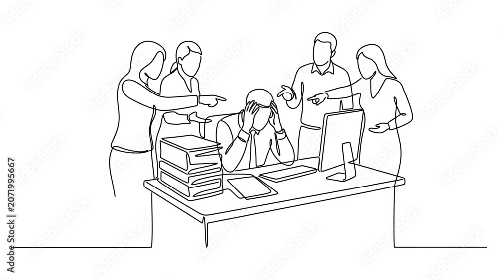 Fototapeta premium Continuous line drawing of a stressed office worker being pressured by colleagues
