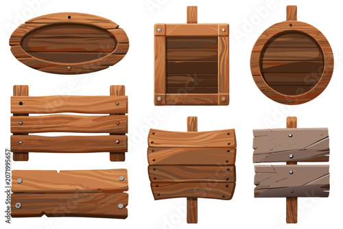 A collection of cartoon-style medieval and western wooden signs, featuring round, square, and oval plaques along with rustic directional signposts for video game interfaces.