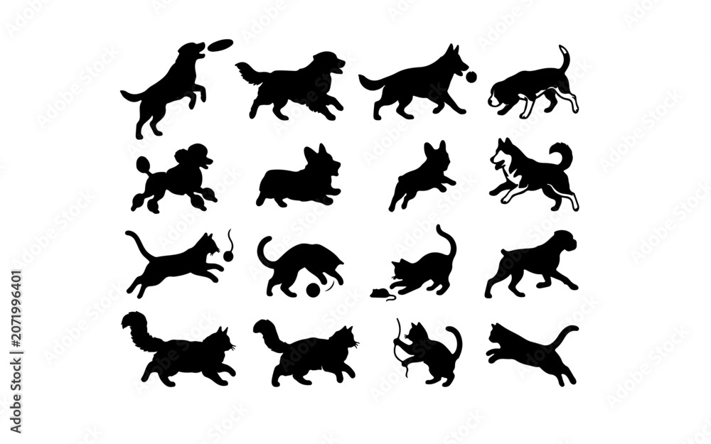 Obraz premium Cute Black Dog Cat Silhouette Clipart - Running Jumping Playful Pet Icons Pack