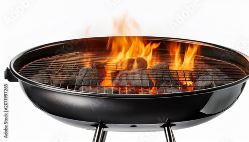 empty round grill with burning coals and flames isolated on white background cutout background