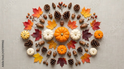 Autumn harvest decor with pumpkins leaves and pinecones