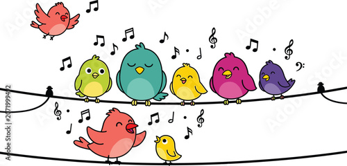 Tableau sur toile Colorful cartoon songbirds choir singing on wire with musical notes vector illus