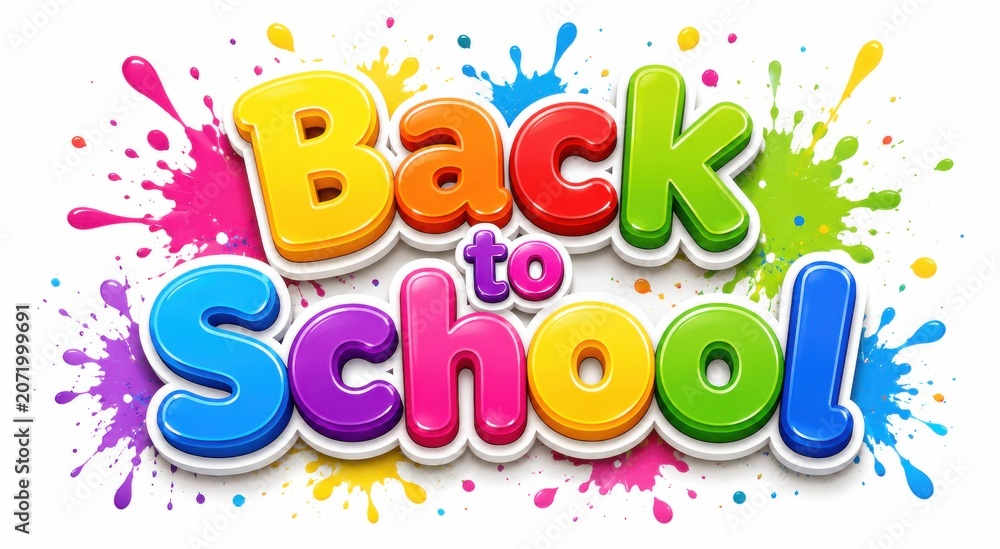 Fototapeta premium Vibrant back to school 3d text with colorful paint splatters on white background.