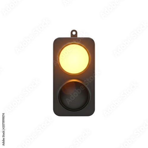 Yellow traffic light signal illuminated, isolated on transparent background, caution