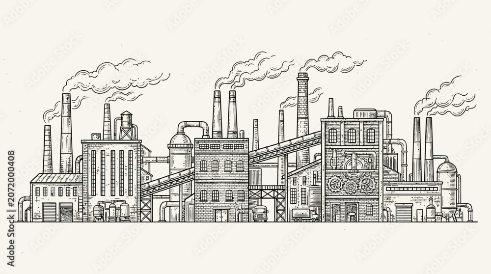 Obraz premium Panoramic Industrial Factory Complex with Smoking Chimneys in Monochrome Black and White, High Contrast Manufacturing Facility Urban Landscape Architecture View