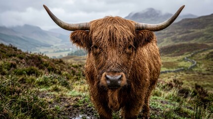 Majestic Highland Cow Grazing in a Misty Mountain Landscape.