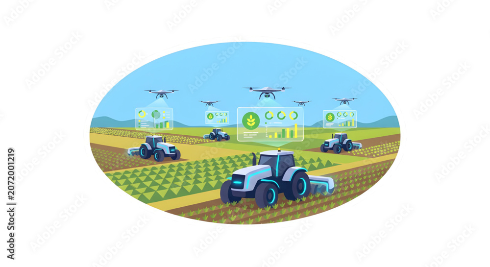 Fototapeta premium Smart farming autonomous tractors and agricultural drones, Vector illustration showing automated electric tractors cultivating fields while a fleet of drones monitors crops with holographic data chart