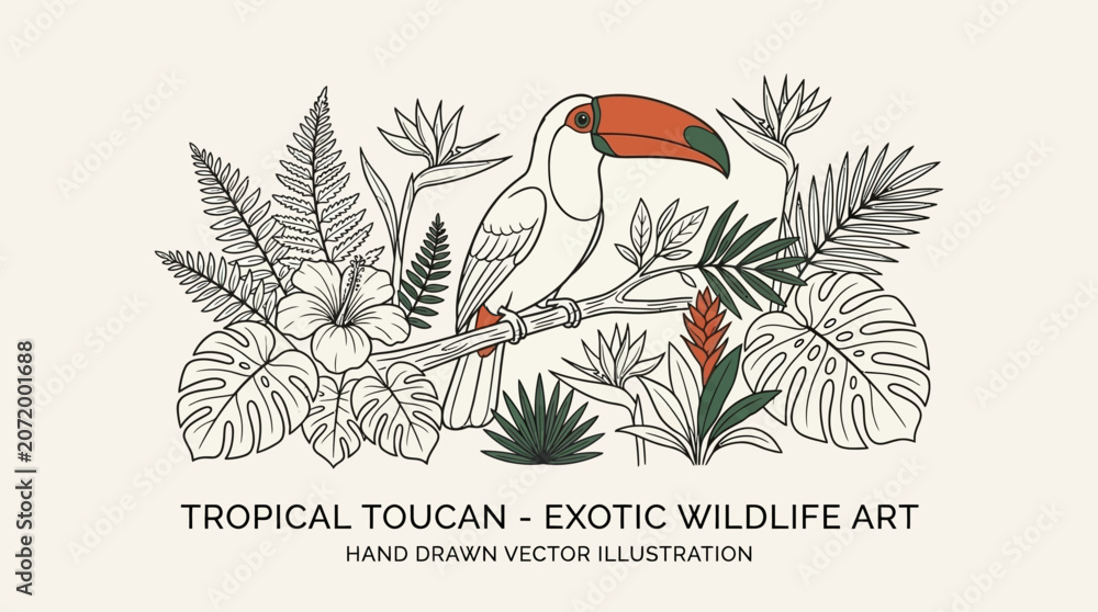 Obraz premium Vibrant Exotic Toucan Bird Perched on a Lush Botanical Branch within a Dense Tropical Jungle Forest Scenery, Detailed Nature Wildlife Art and Colorful Flora Background
