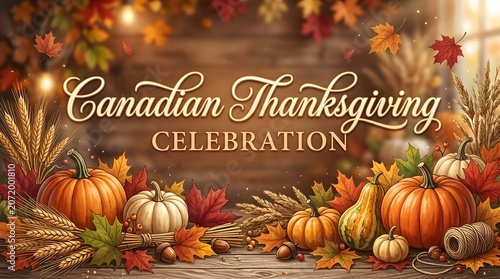 Canadian thanksgiving celebration with pumpkins and leaves