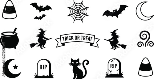Cuadro en lienzo Halloween Spooky Silhouette Icons and Trick or Treat Banner Set
