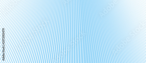 Fényképezés Diagonal blue lines of mathematically varied thickness and spacing radiating from an upper-left vanishing point, creating a perspective fan grid vector background fading to white at the edges