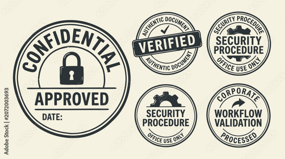 Obraz premium Official document rubber stamp pattern featuring confidential approved verified status mark icon for administrative authentication and corporate business security authorization procedure.