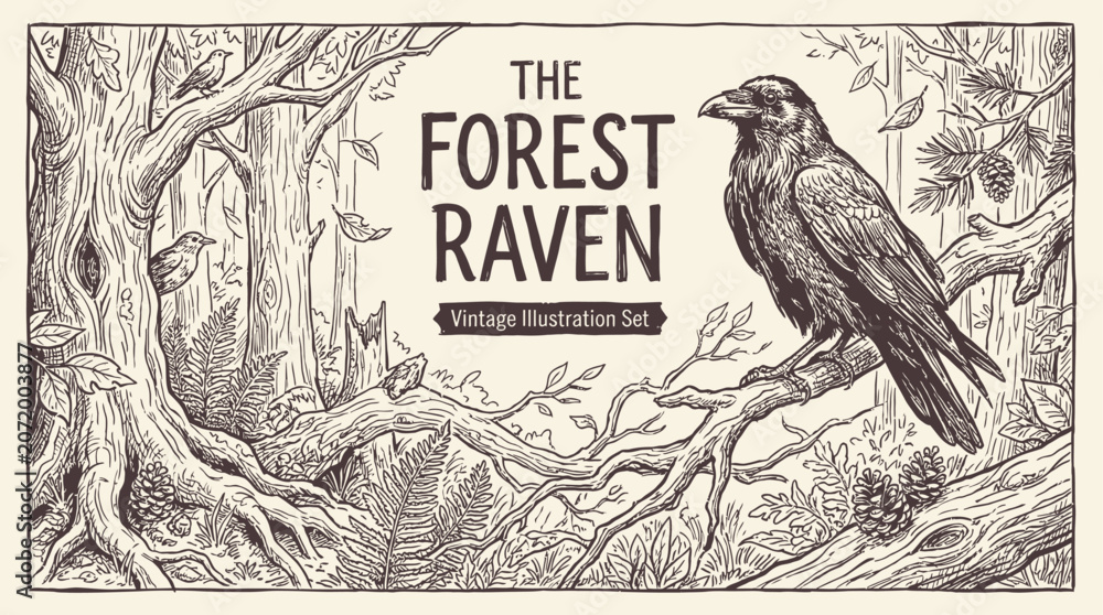 Obraz premium Majestic black raven perched on a mossy branch in a misty ancient forest, dark mystical atmosphere with atmospheric fog and deep green foliage, wild crow corvid in natural woodland habitat.