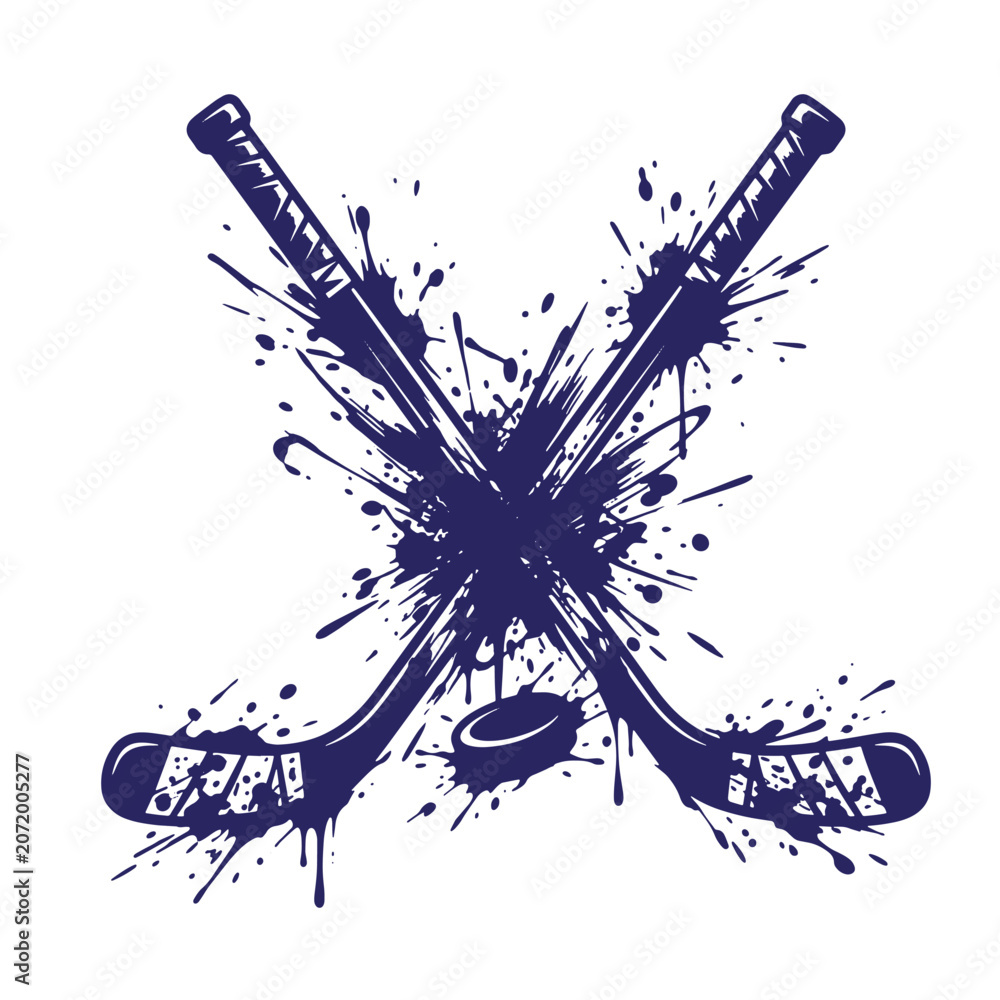 Obraz premium Two crossed ice hockey sticks with a puck in a dark blue ink splatter style isolated on a white background, for sports team, branding or athletic, concepts with a, grunge t-shirt poster