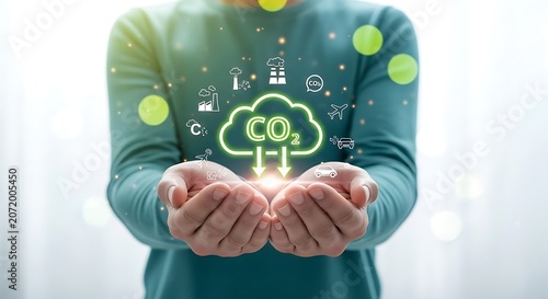 Carbon neutral and net zero concept, hands holding co2 cloud icon with emission sources and reduction arrows