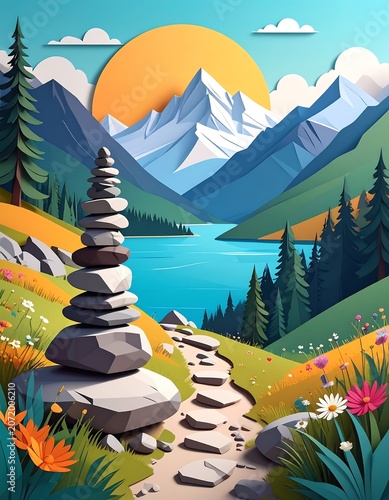 Colorful hot air balloons floating over a scenic mountain lake.