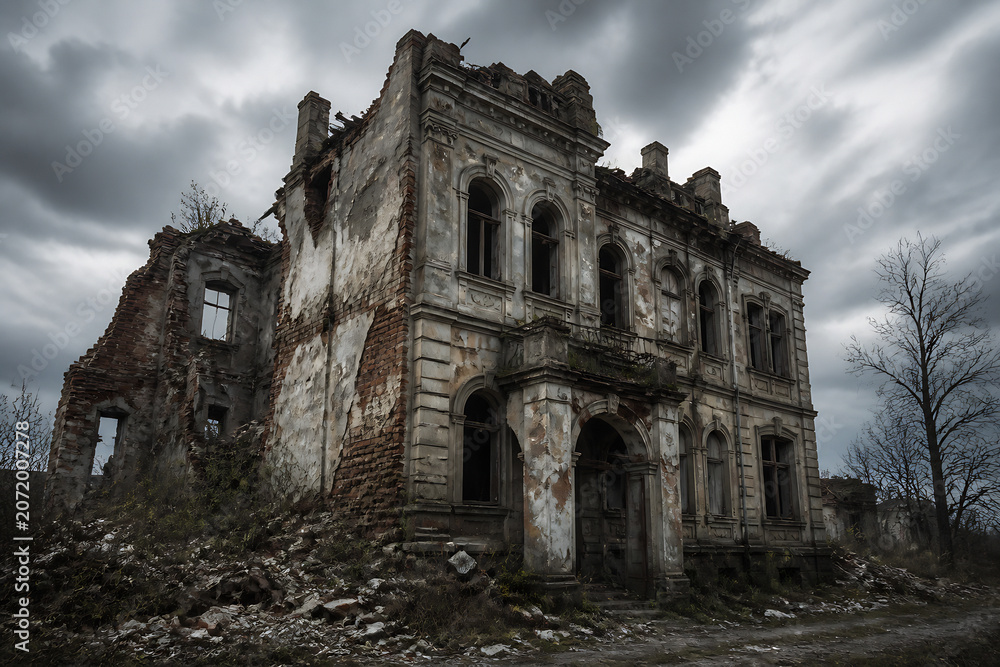 Fototapeta premium A dilapidated, old stone mansion stands under a dramatic, cloudy sky in a desolate outdoor setting.