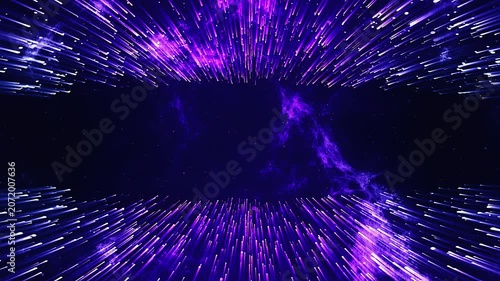 Abstract purple light streaks motion background with dark center space.
