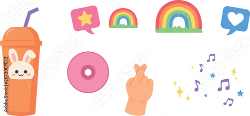 Bild auf Leinwand Cute kpop culture icon set with finger heart bubble tea rainbow vinyl and music