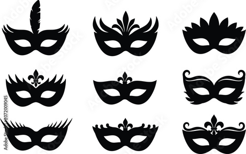 Obraz na plátně Elegant masquerade masks set in black silhouette for carnival parties and fancy dress balls events