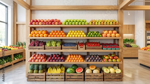 Abundant Fresh Fruits and Vegetables Displayed in a Modern Grocery Store.
