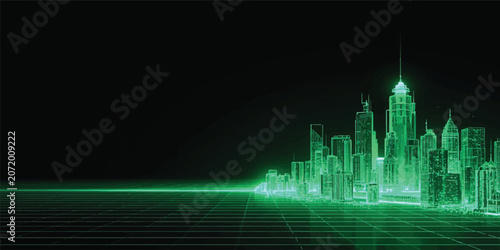 Modern City Skyline with green Digital Technology Background at Night