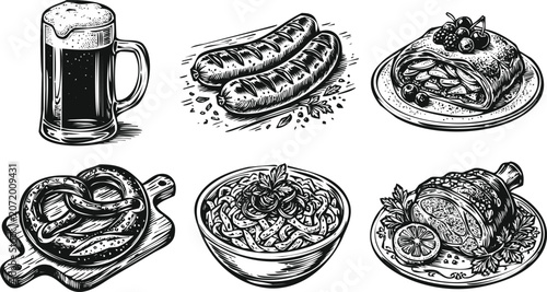 Canvastavla Bavarian food and drink collection in a vintage sketch style for Oktoberfest cel